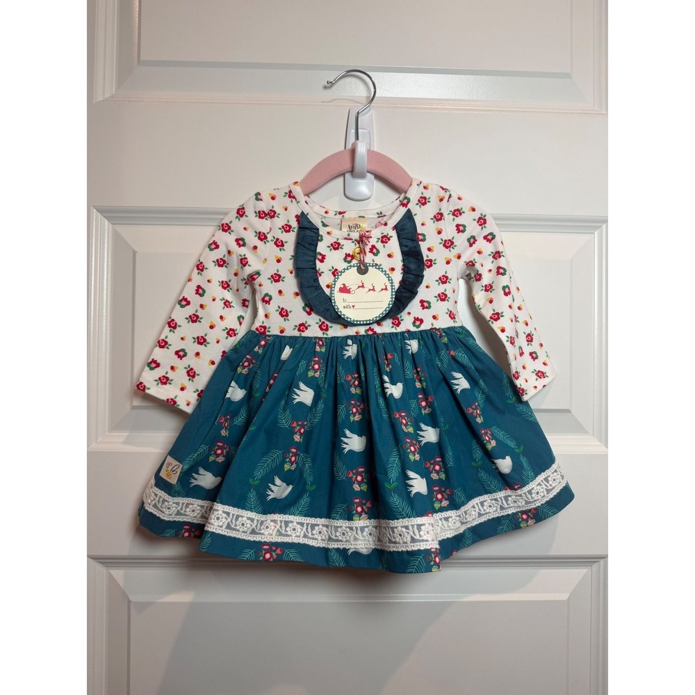 67. Wildflowers Baby Girls 6M Christmas Dove Floral Lace Trim Ruffle Dress NWT